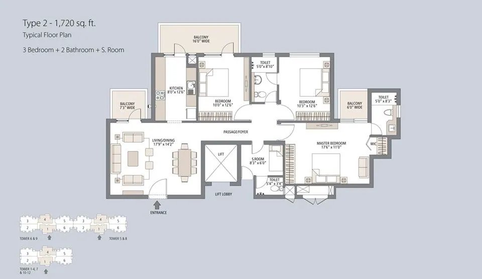 Emaar Palm Gardens 3 BHK + 2T + SQ (Type 2) - super floor plan