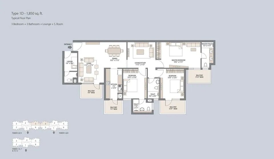 Emaar Palm Gardens 3 BHK + 3T + Lounge + SQ (Type 10) - super floor plan
