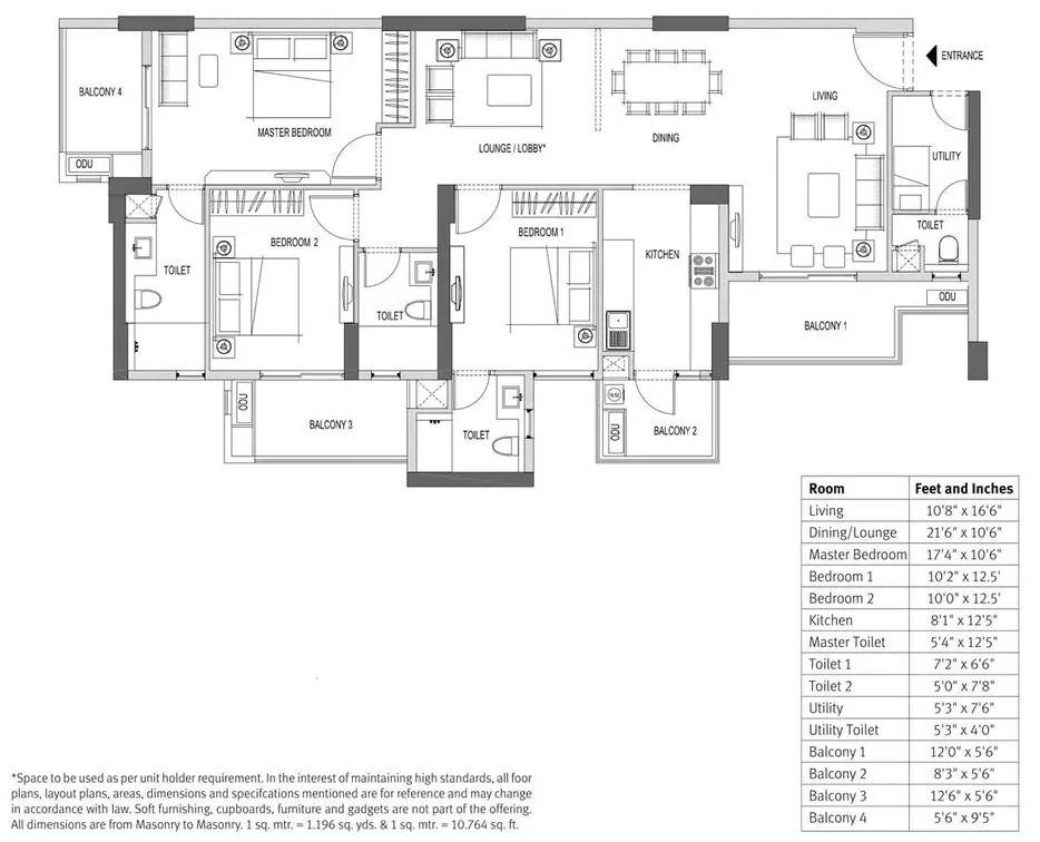 Emaar Palm Heights 3 BHK + Lounge + Utility - super floor plan