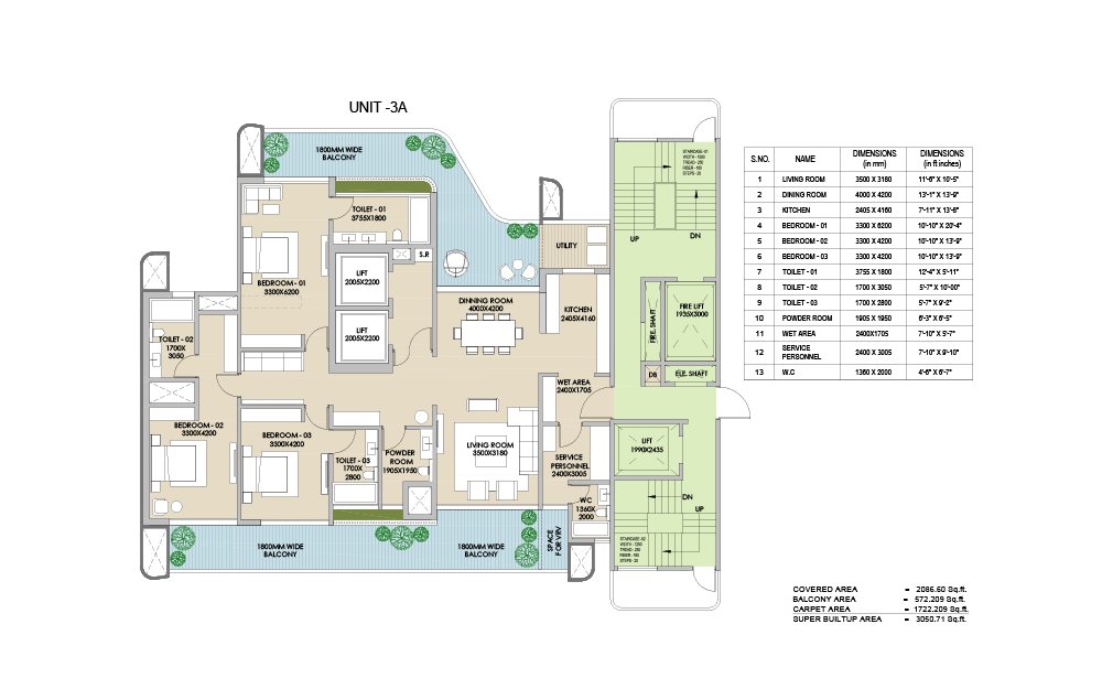 Ganga Nandaka 3 BHK Unit 3A - super floor plan
