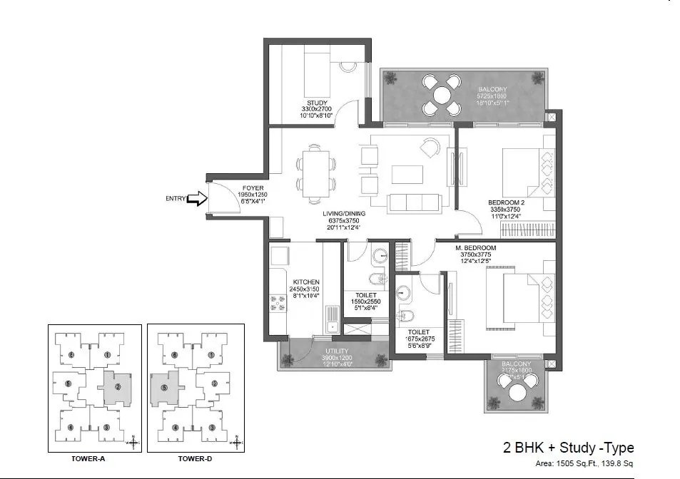Godrej 101 2 BHK + Study floor plan