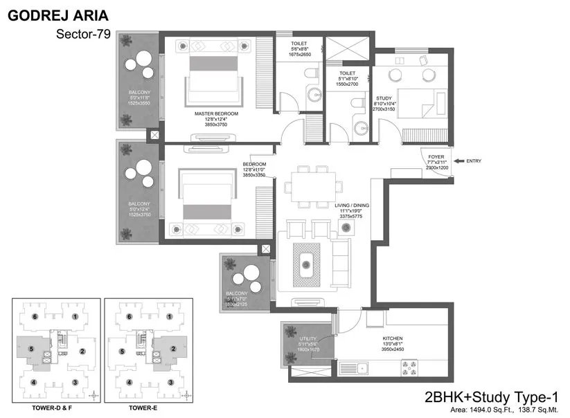 Godrej Aria 2 BHK + Study floor plan