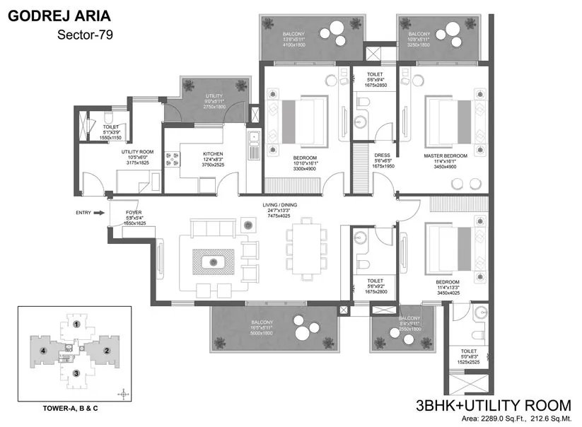 Godrej Aria 3 BHK + Utility floor plan