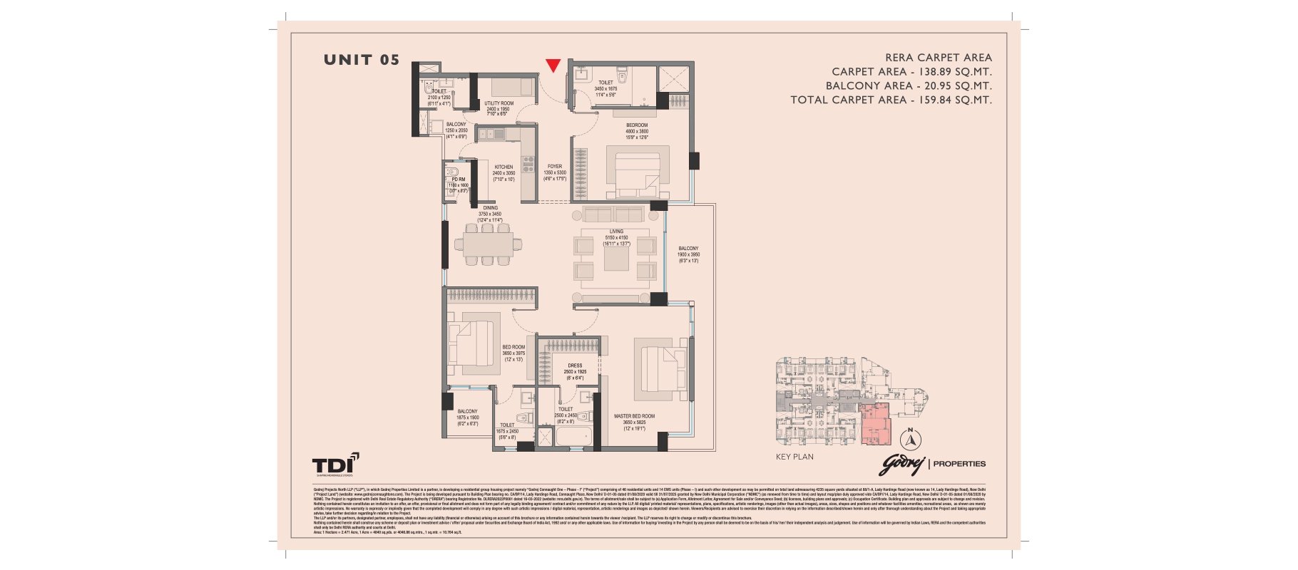 Godrej Connaught One 3 BHK Unit 05 - 159.84 sq m total carpet floor plan