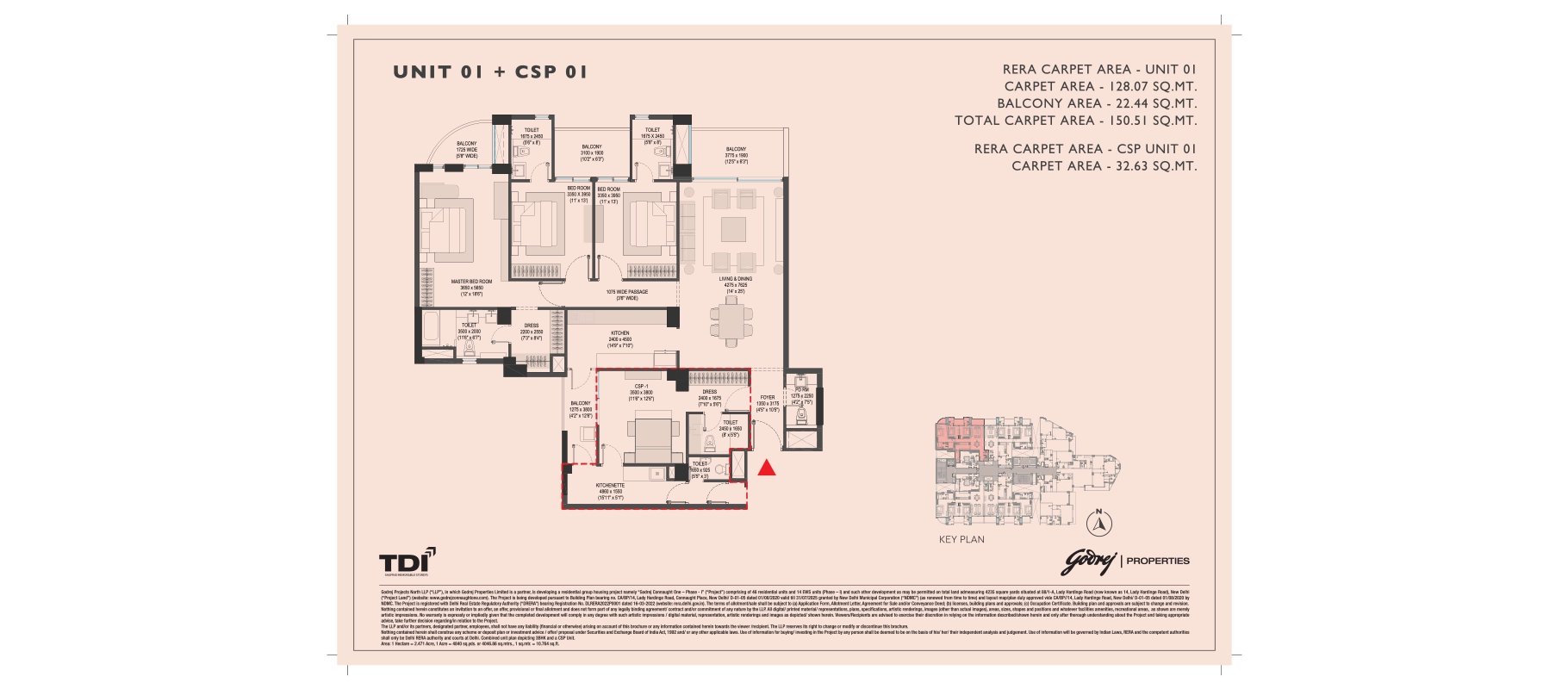 Godrej Connaught One 3 BHK Unit 01 + CSP 01 - 150.51 sq m + 32.63 sq m carpet floor plan