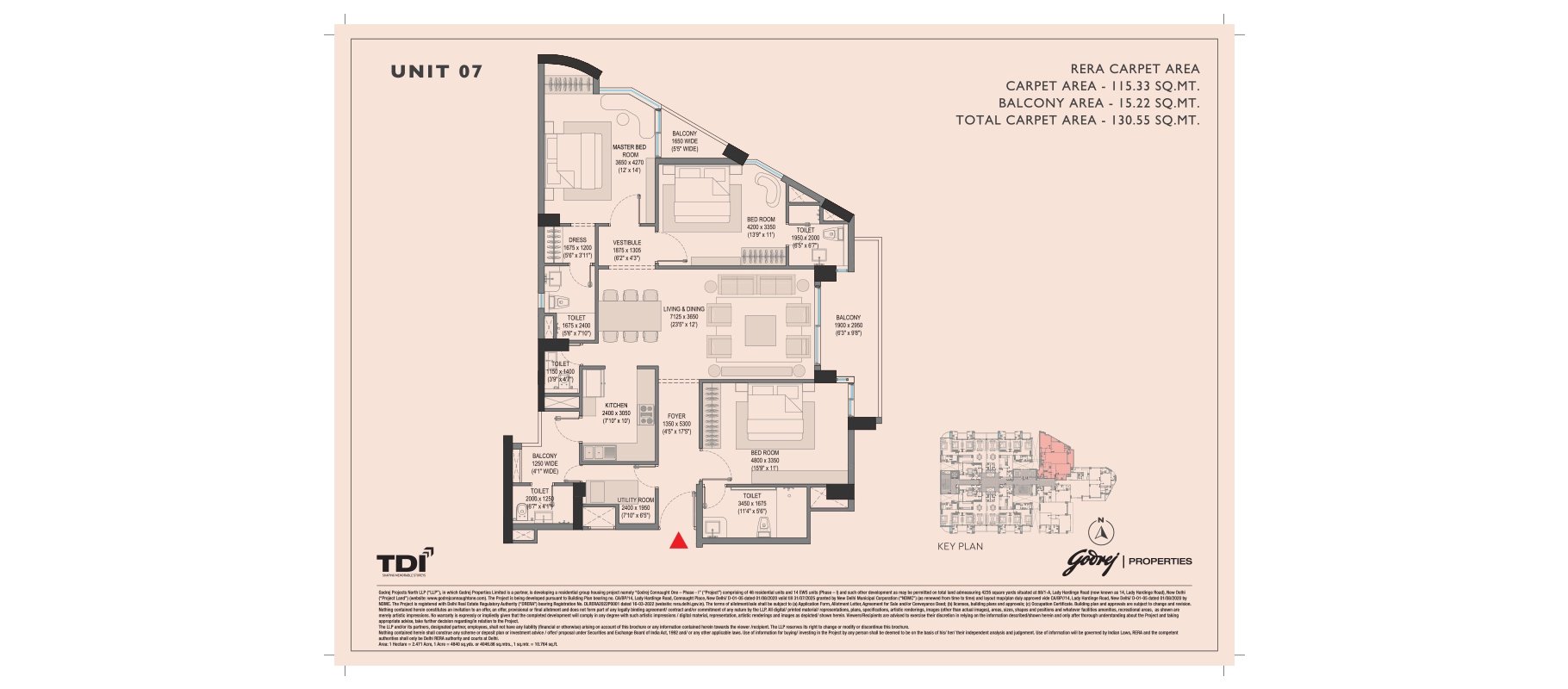 Godrej Connaught One 3 BHK Unit 07 - 130.55 sq m total carpet floor plan