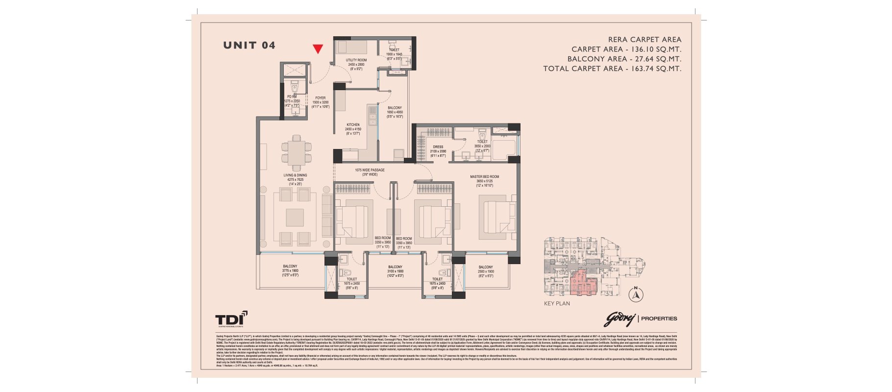 Godrej Connaught One 3 BHK Unit 04 - 163.74 sq m total carpet floor plan
