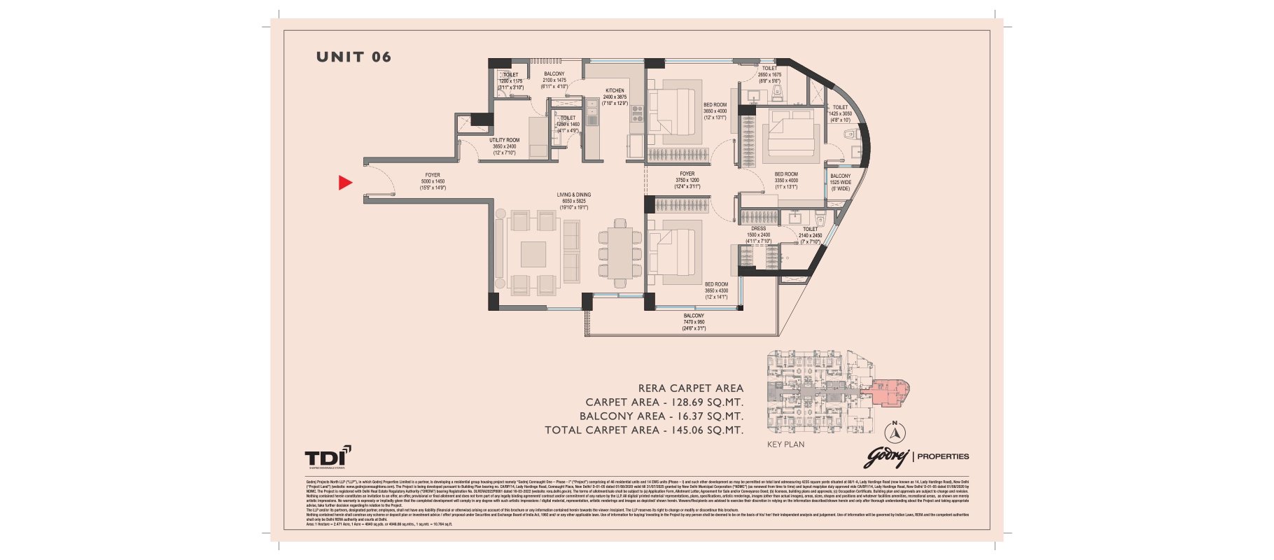 Godrej Connaught One 3 BHK Unit 06 - 145.06 sq m total carpet floor plan