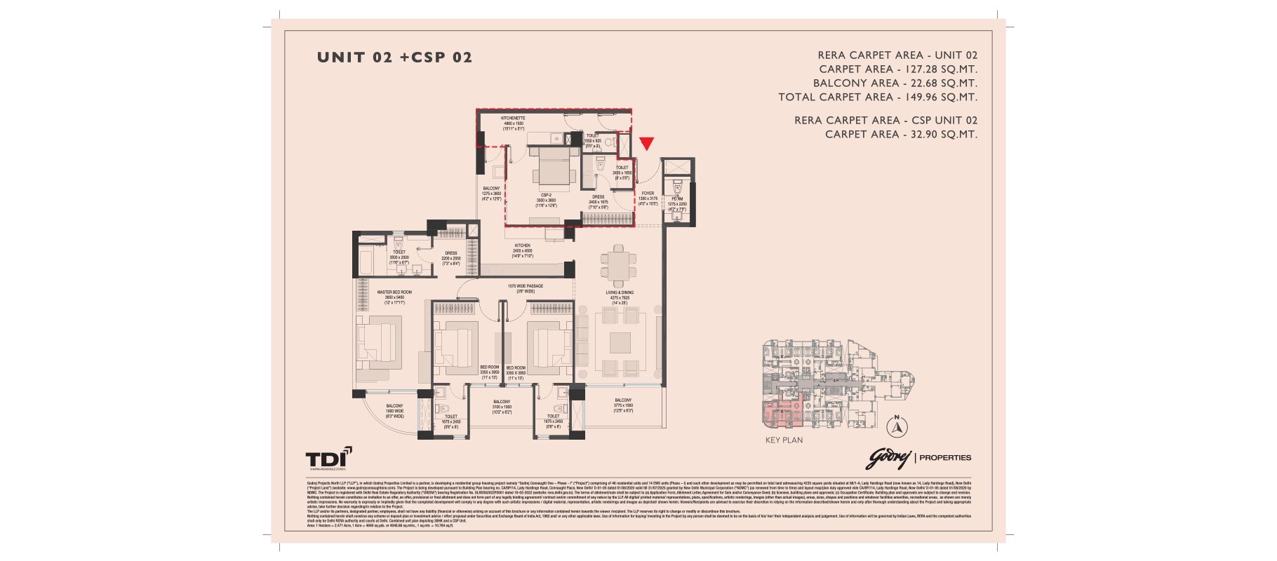 Godrej Connaught One 3 BHK Unit 02 + CSP 02 - 149.96 sq m + 32.90 sq m carpet floor plan