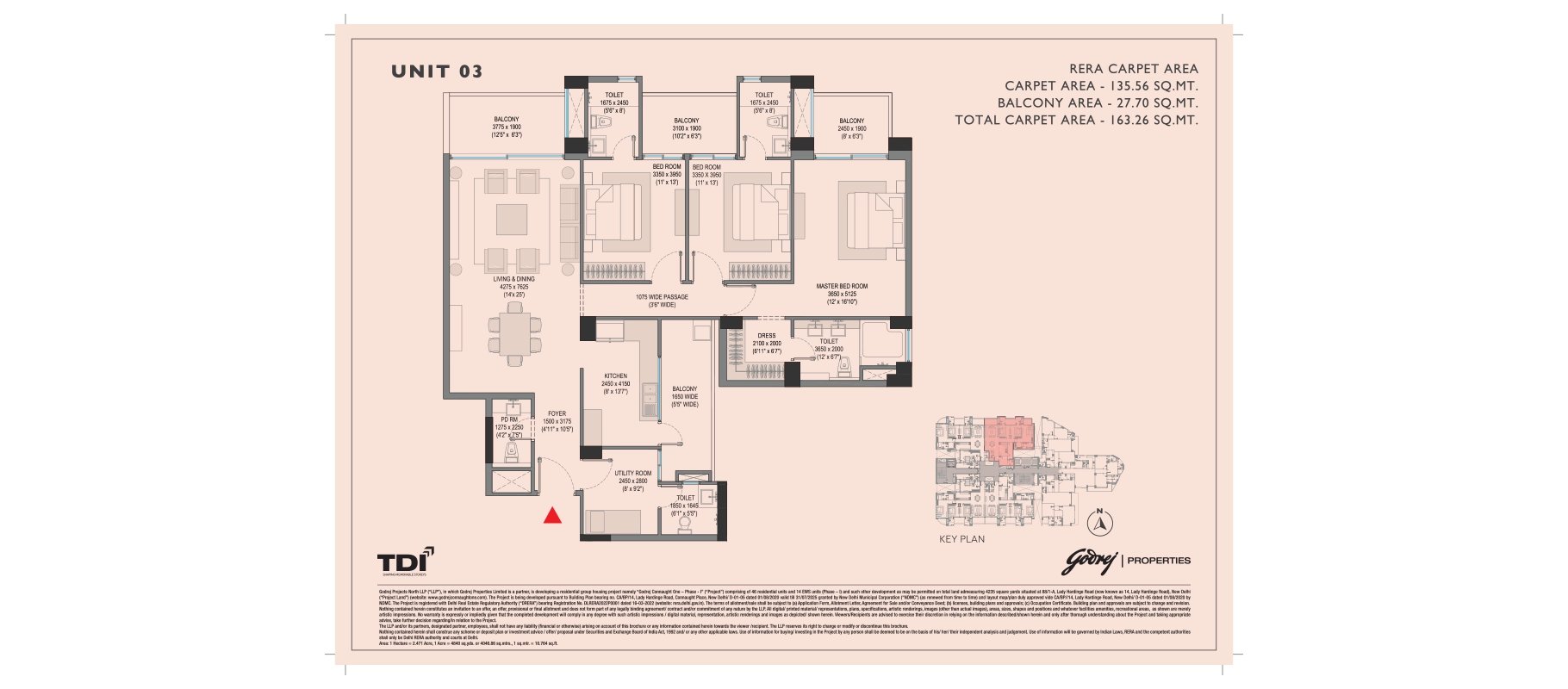 Godrej Connaught One 3 BHK Unit 03 - 163.26 sq m total carpet floor plan