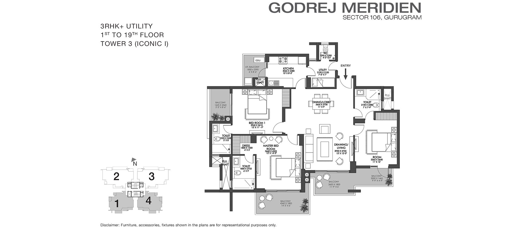 Godrej Meridien 3 BHK + Utility floor plan