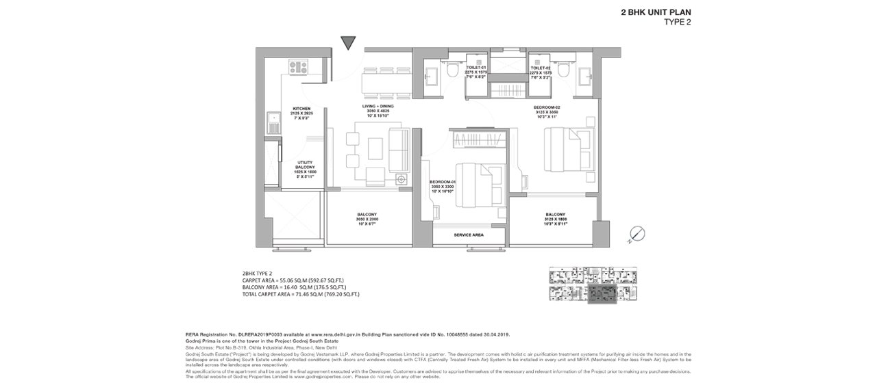 Godrej Prima 2 BHK Type 2 - carpet, 769.20 sq ft with balcony floor plan