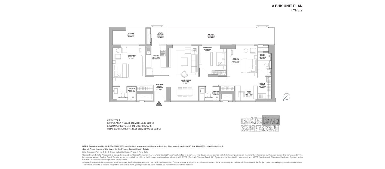 Godrej Prima 3 BHK Type 2 - carpet, 1,495.66 sq ft with balcony floor plan