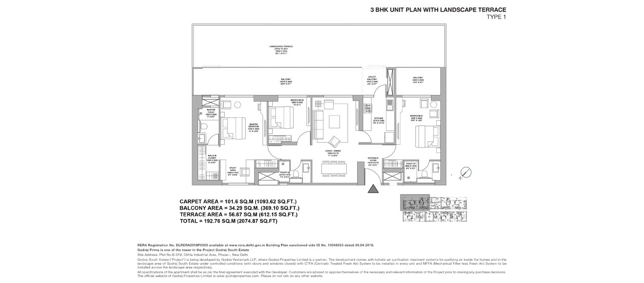 Godrej Prima 3 BHK with terrace (Type 1) - carpet, 369.10 sq ft balcony, 612.15 sq ft terrace floor plan