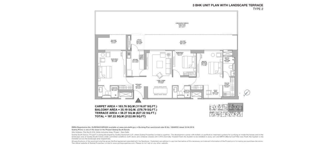 Godrej South Estate 3 BHK with landscaped terrace (Type 2), Godrej Prima tower - 197.22 sq m total incl. terrace floor plan