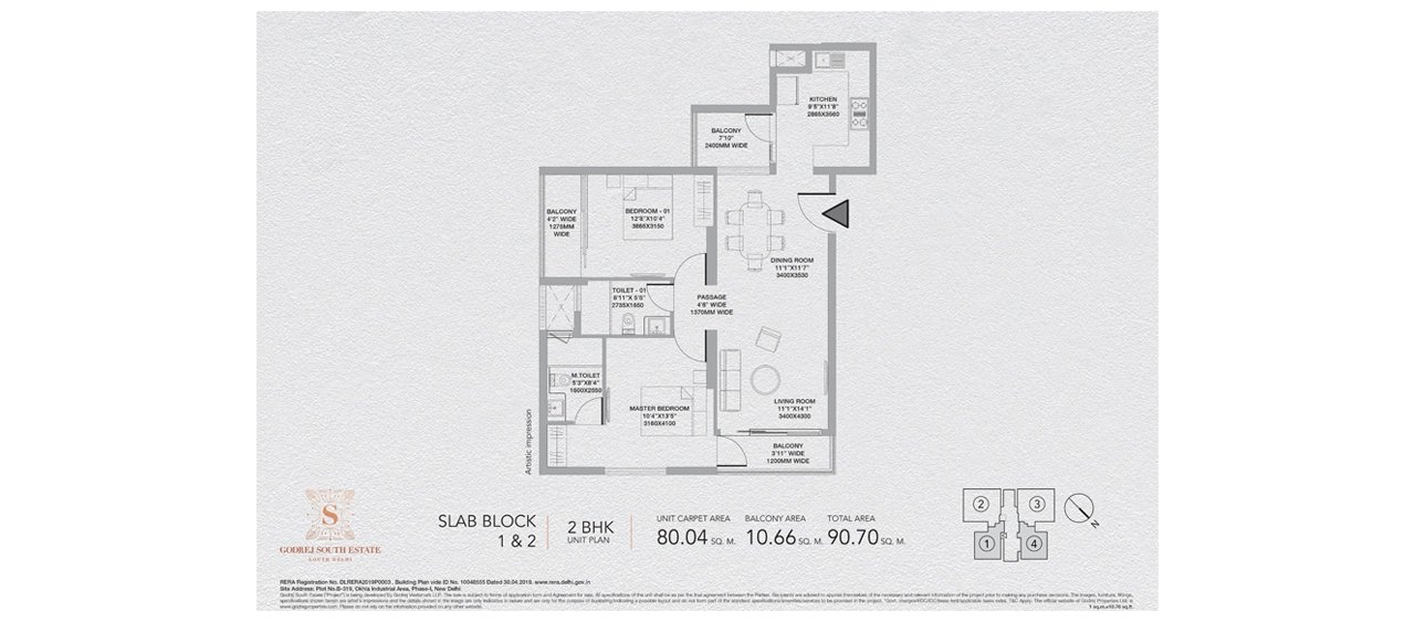Godrej South Estate 2 BHK, Slab Block 1 & 2 - 80.04 sq m carpet, 90.70 sq m total floor plan