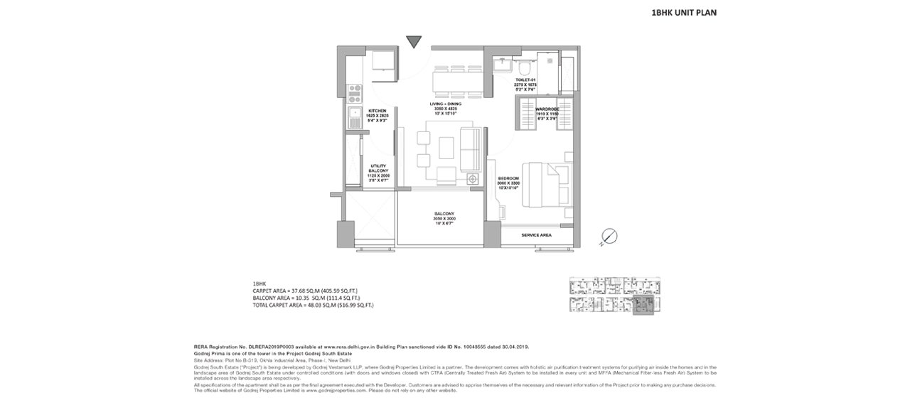 Godrej South Estate 1 BHK, Godrej Prima tower - 37.68 sq m carpet, 48.03 sq m total floor plan