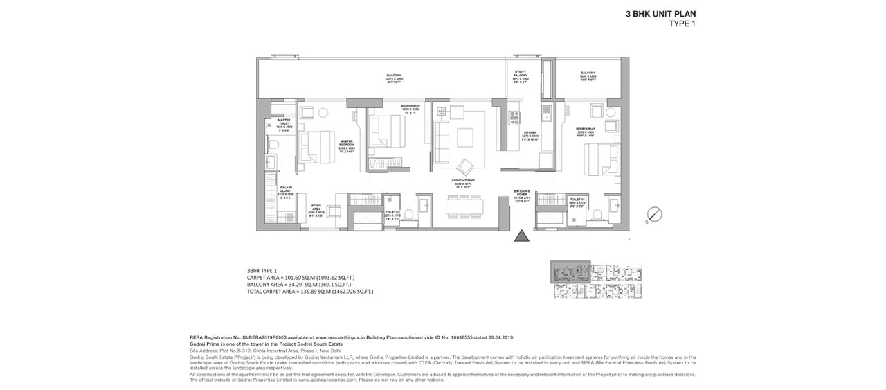 Godrej South Estate 3 BHK Type 1, Godrej Prima tower - 101.60 sq m carpet, 135.89 sq m total floor plan