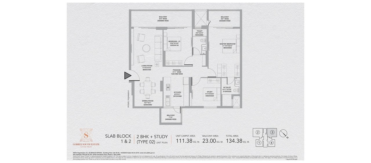 Godrej South Estate 2 BHK + Study (Type 2), Slab Block 1 & 2 - 111.38 sq m carpet, 134.38 sq m total floor plan