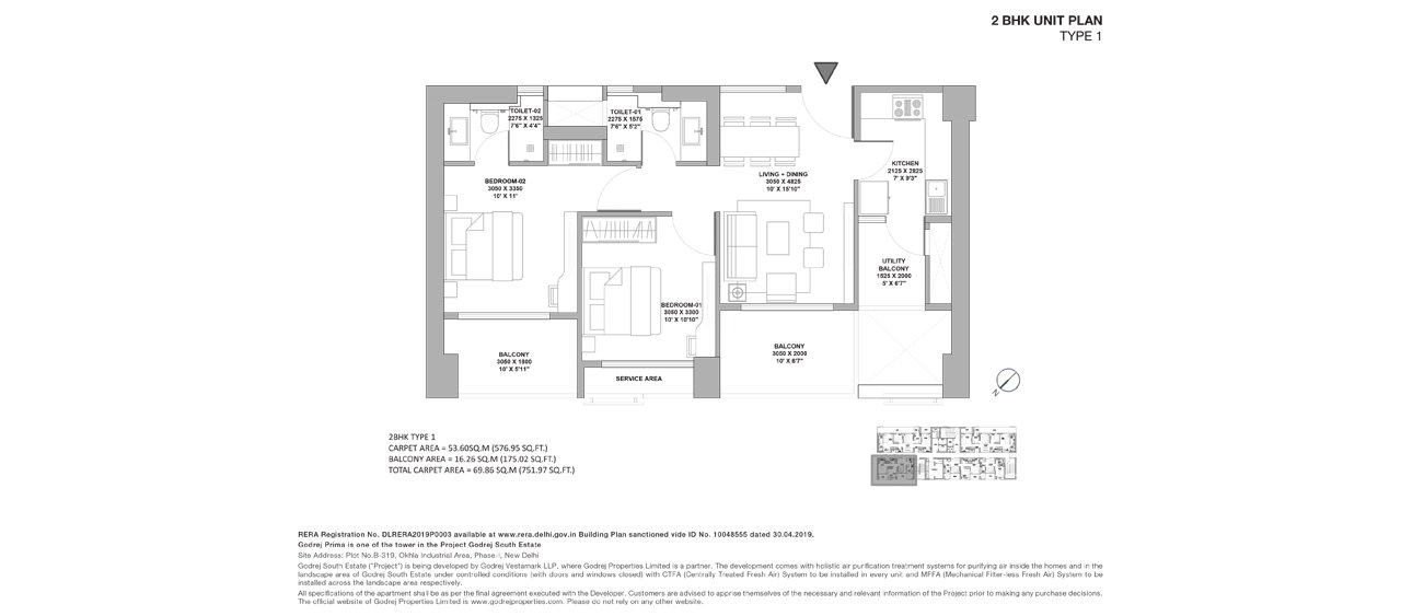 Godrej South Estate 2 BHK Type 1, Godrej Prima tower - 53.60 sq m carpet, 69.86 sq m total floor plan