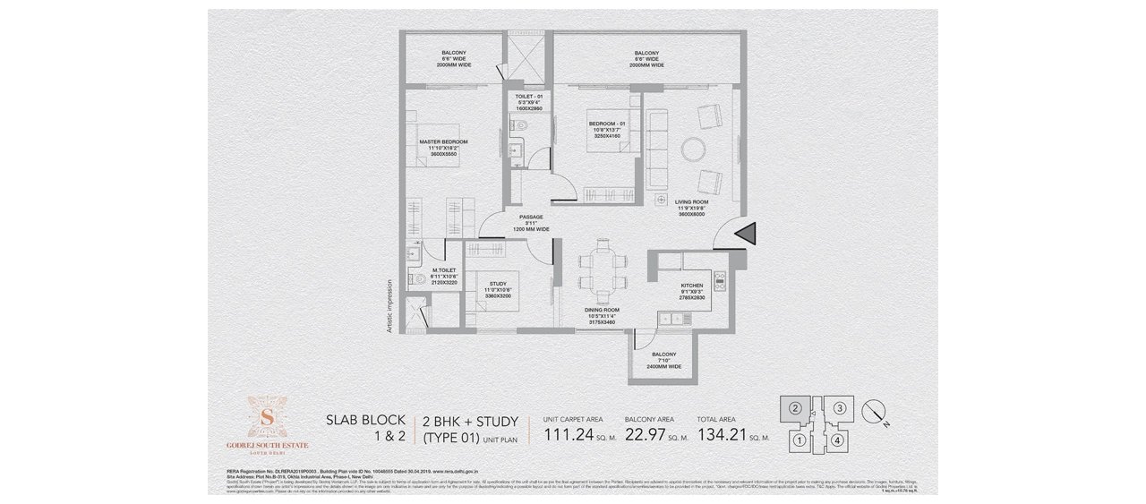Godrej South Estate 2 BHK + Study (Type 1), Slab Block 1 & 2 - 111.24 sq m carpet, 134.21 sq m total floor plan