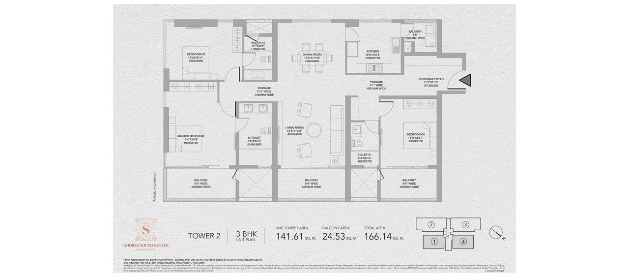 Godrej South Estate 3 BHK, Tower 2 - 141.61 sq m carpet, 166.14 sq m total floor plan