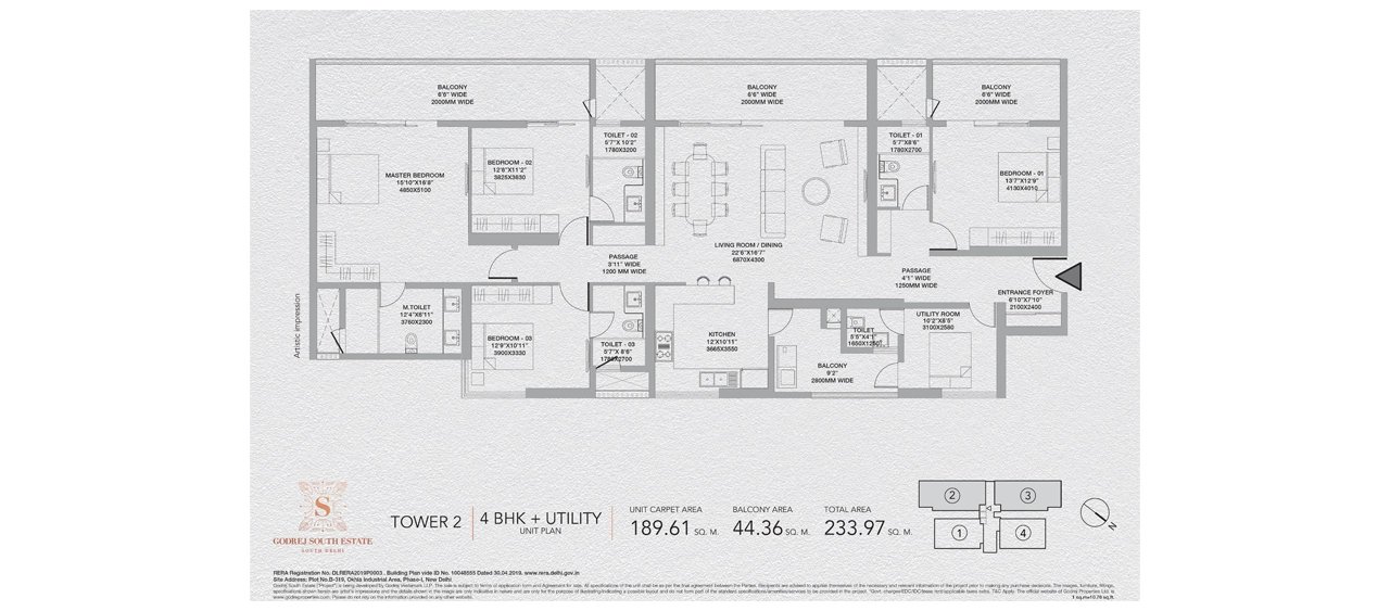 Godrej South Estate 4 BHK + Utility, Tower 2 - 189.61 sq m carpet, 233.97 sq m total floor plan