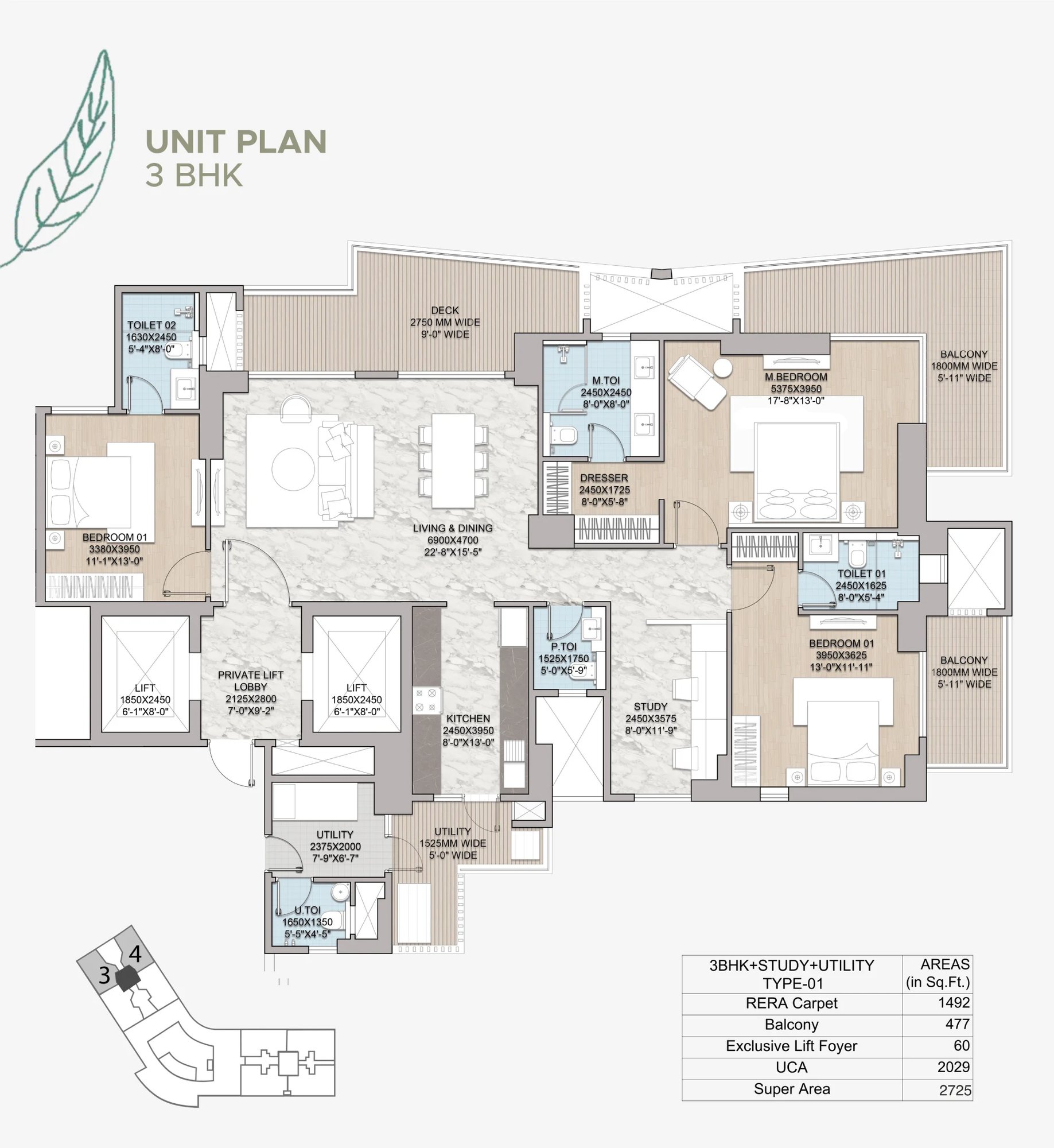 HCBS Twin Horizon 3 BHK + Study - super (1,492 sq.ft carpet) floor plan