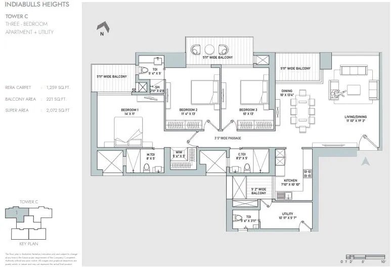 Indiabulls Heights 3 BHK + Utility (Tower C) floor plan