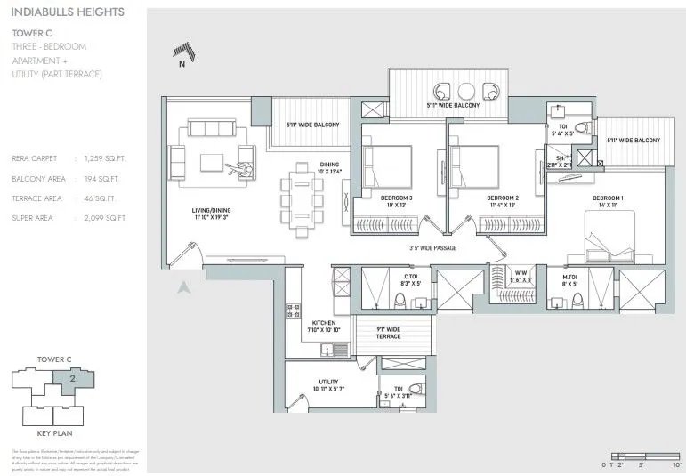 Indiabulls Heights 3 BHK + Utility, part terrace (Tower C) floor plan