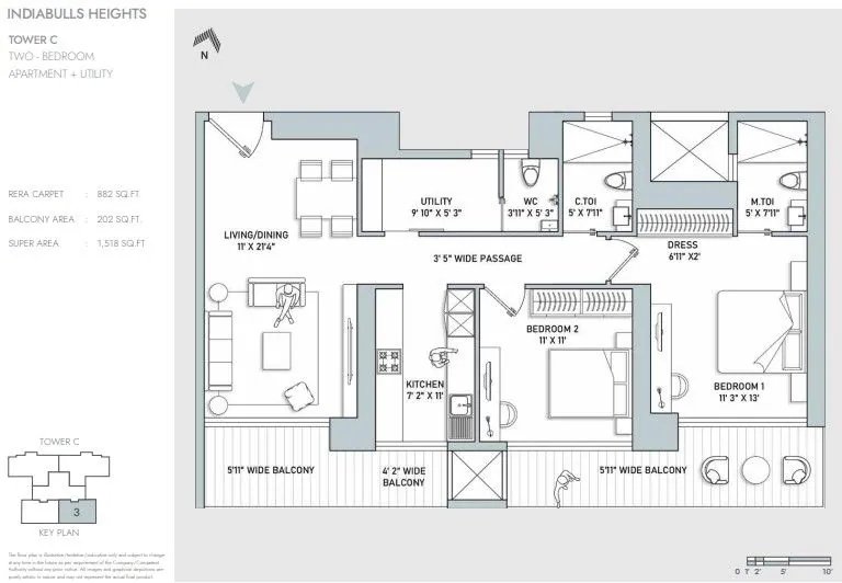 Indiabulls Heights 2 BHK + Utility (Tower C) floor plan