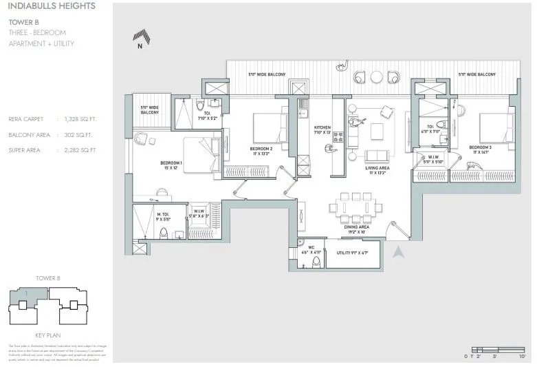 Indiabulls Heights 3 BHK + Utility (Tower B) floor plan