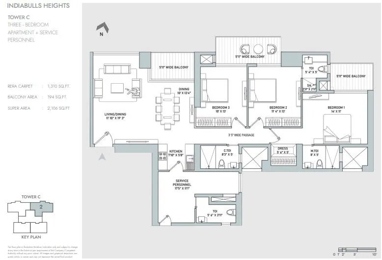 Indiabulls Heights 3 BHK + Staff Room (Tower C) floor plan