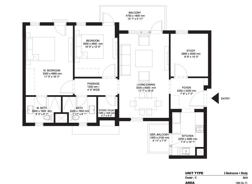 Ireo The Corridors 2 BHK + Study Duplex floor plan