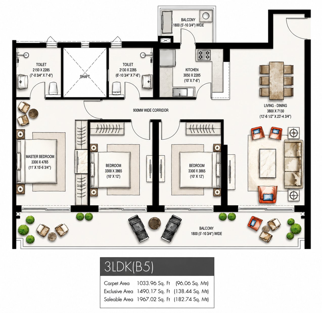 Krisumi Waterfall Residences 3 LDK (B5) - saleable, 1,034 sq.ft carpet floor plan