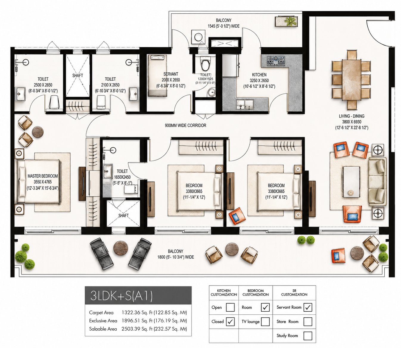 Krisumi Waterfall Residences 3 LDK + Servant (A1) - saleable, 1,322 sq.ft carpet floor plan
