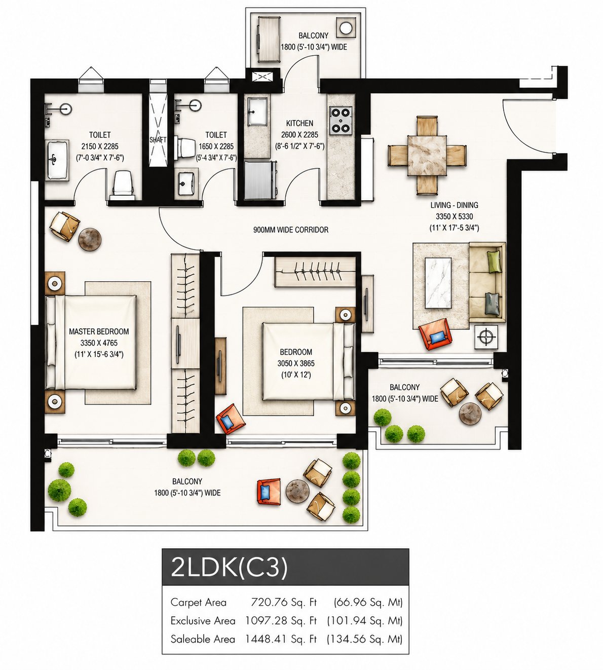 Krisumi Waterfall Residences 2 LDK (C3) - saleable, 721 sq.ft carpet floor plan