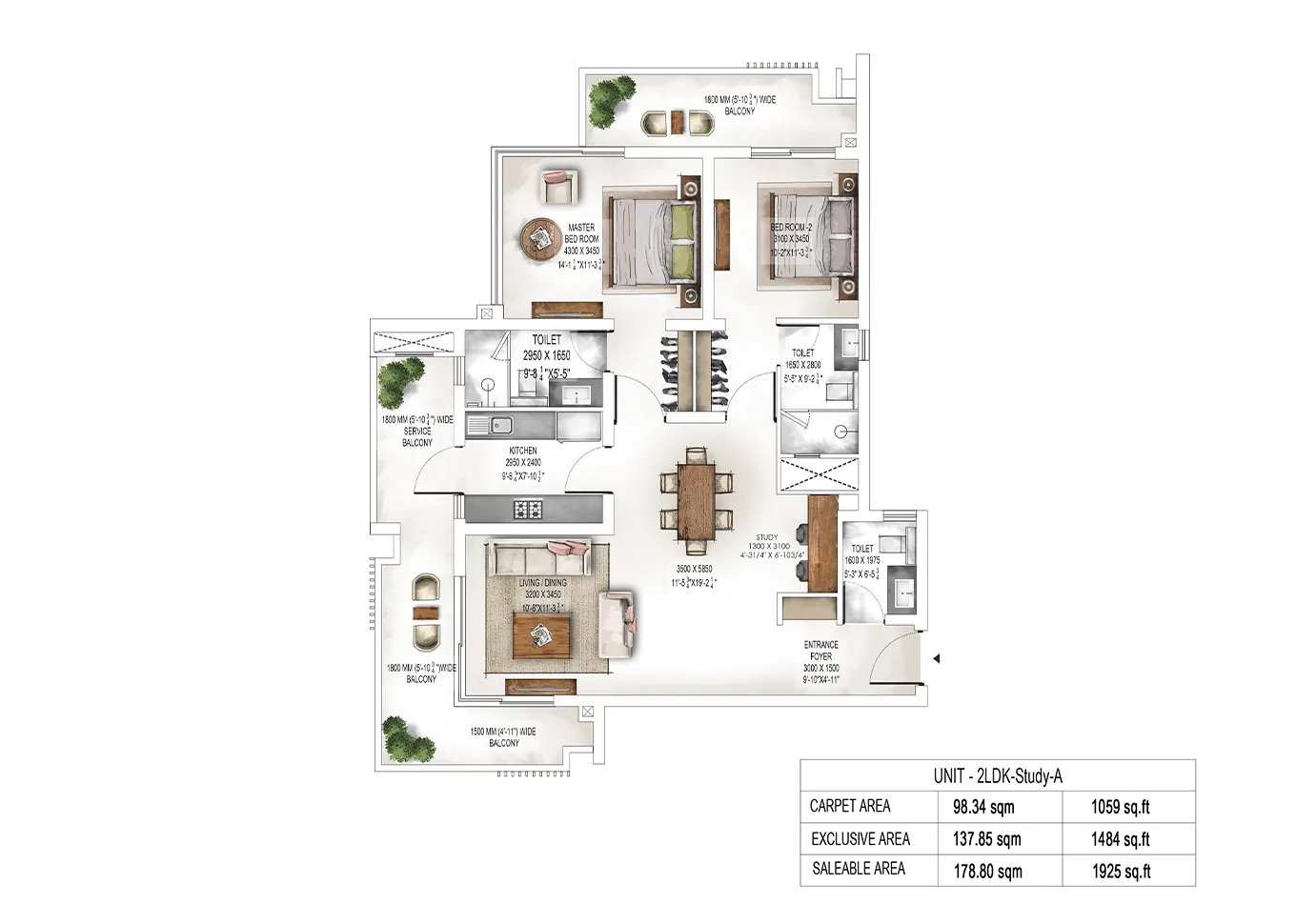 Krisumi Waterside Residences 2 LDK + Study A (Towers 2 & 3) - saleable floor plan