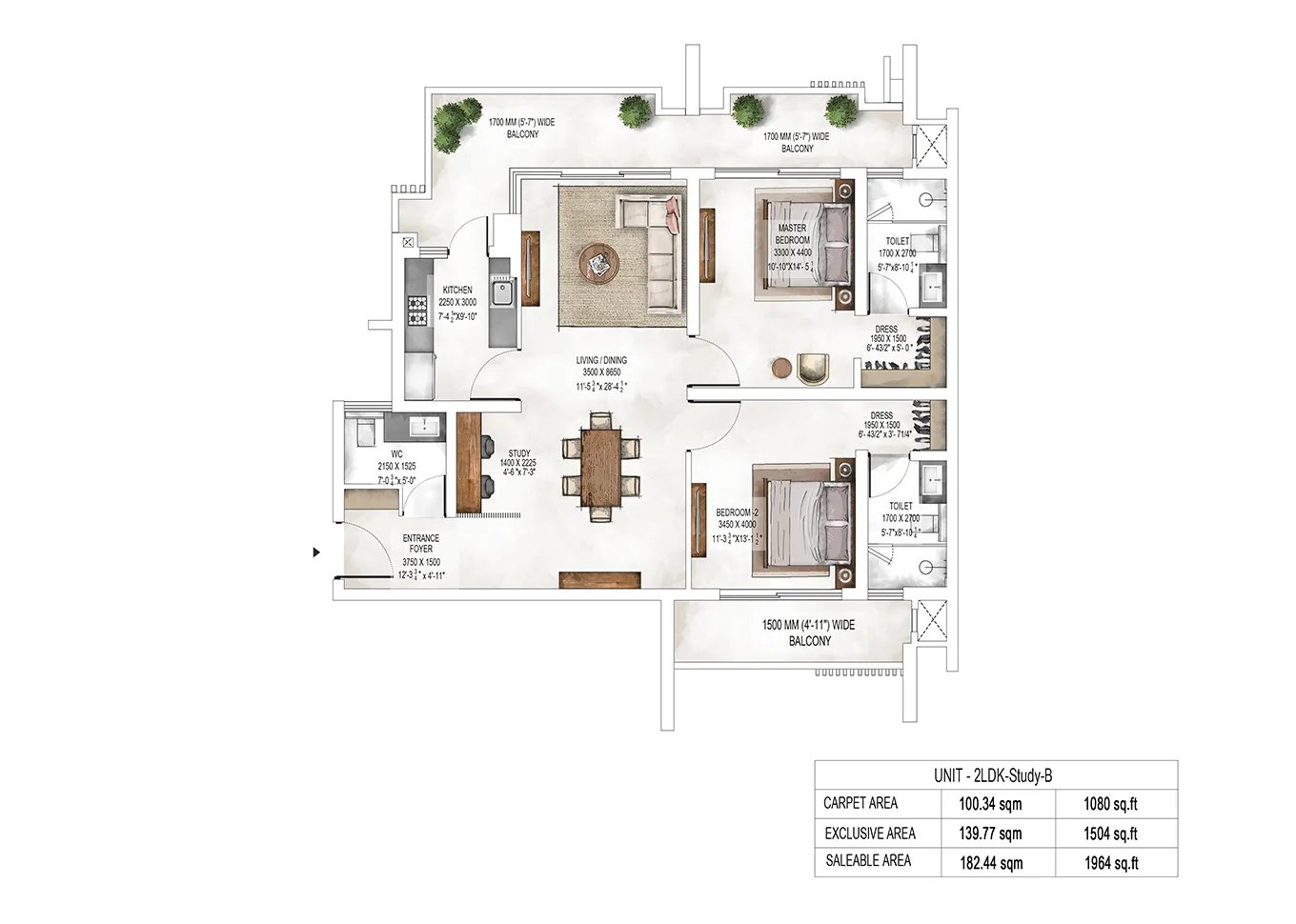 Krisumi Waterside Residences 2 LDK + Study B (Towers 2 & 3) - saleable floor plan