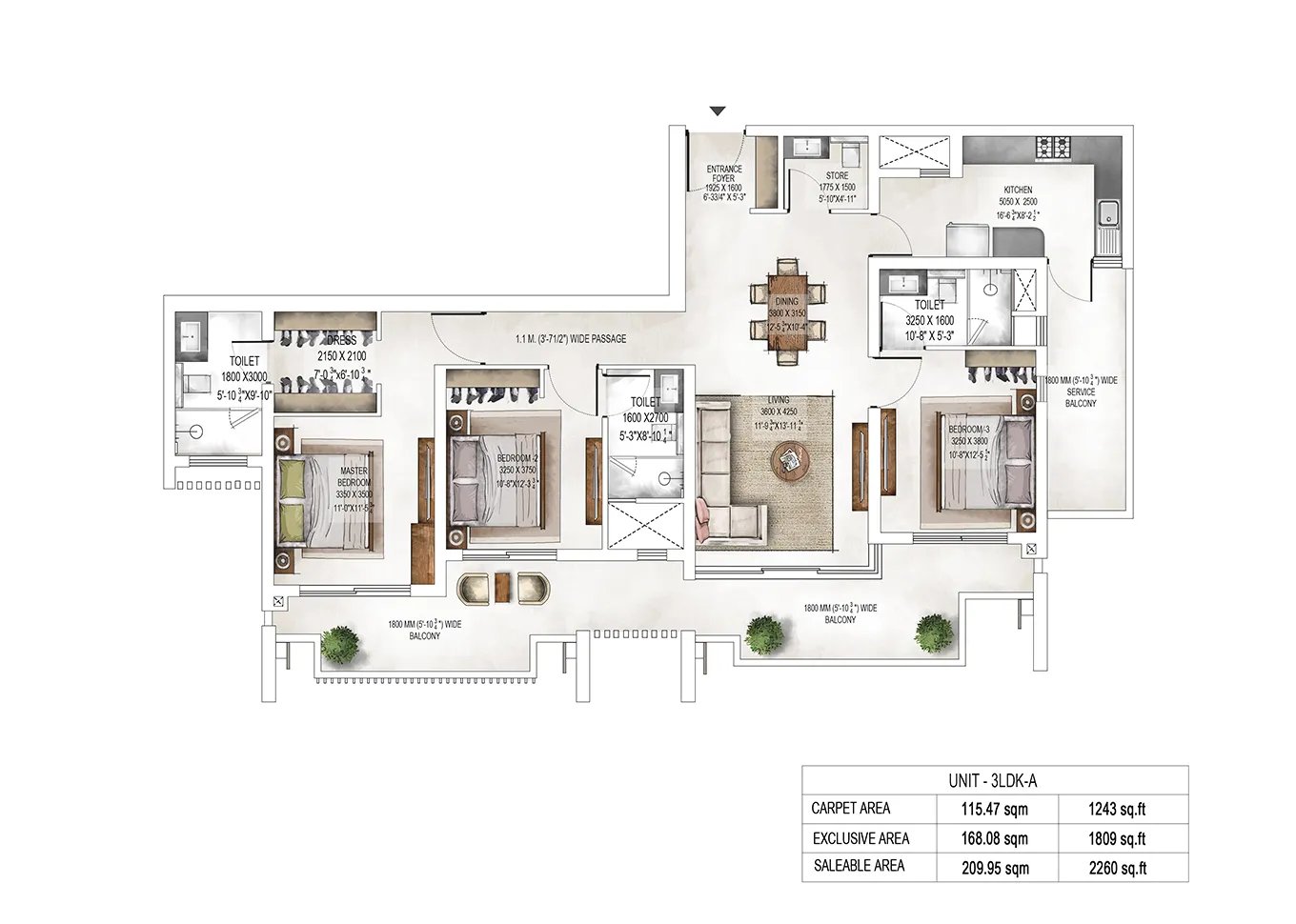 Krisumi Waterside Residences 3 LDK-A (Towers 2 & 3) - saleable, 1,243 sq.ft carpet floor plan