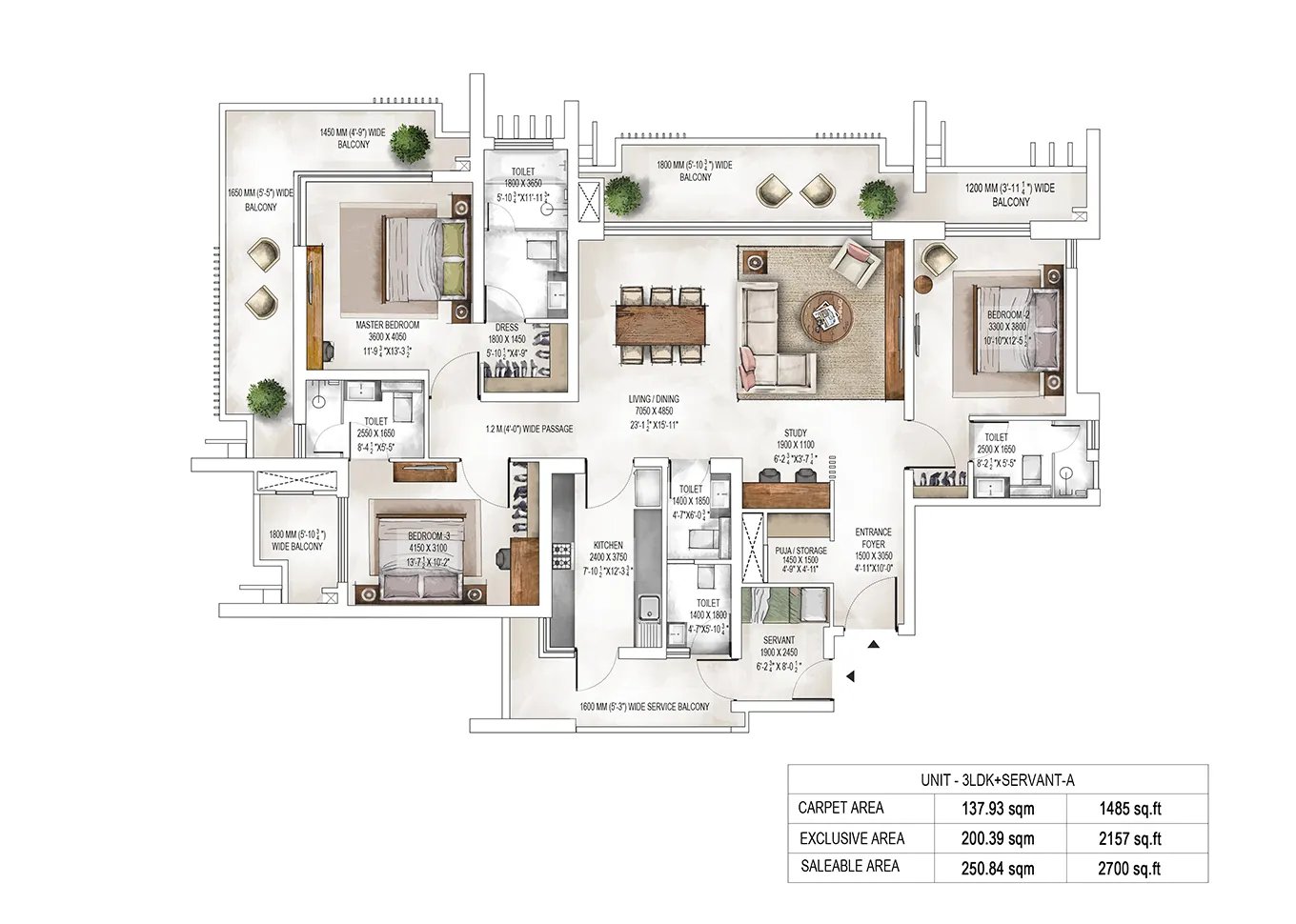 Krisumi Waterside Residences 3 LDK + Servant A (Tower 1) - saleable, 1,485 sq.ft carpet floor plan
