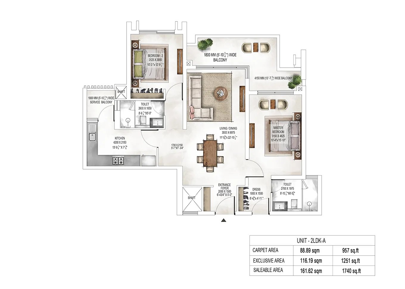 Krisumi Waterside Residences 2 LDK-A (Towers 2 & 3) - saleable, 957 sq.ft carpet floor plan