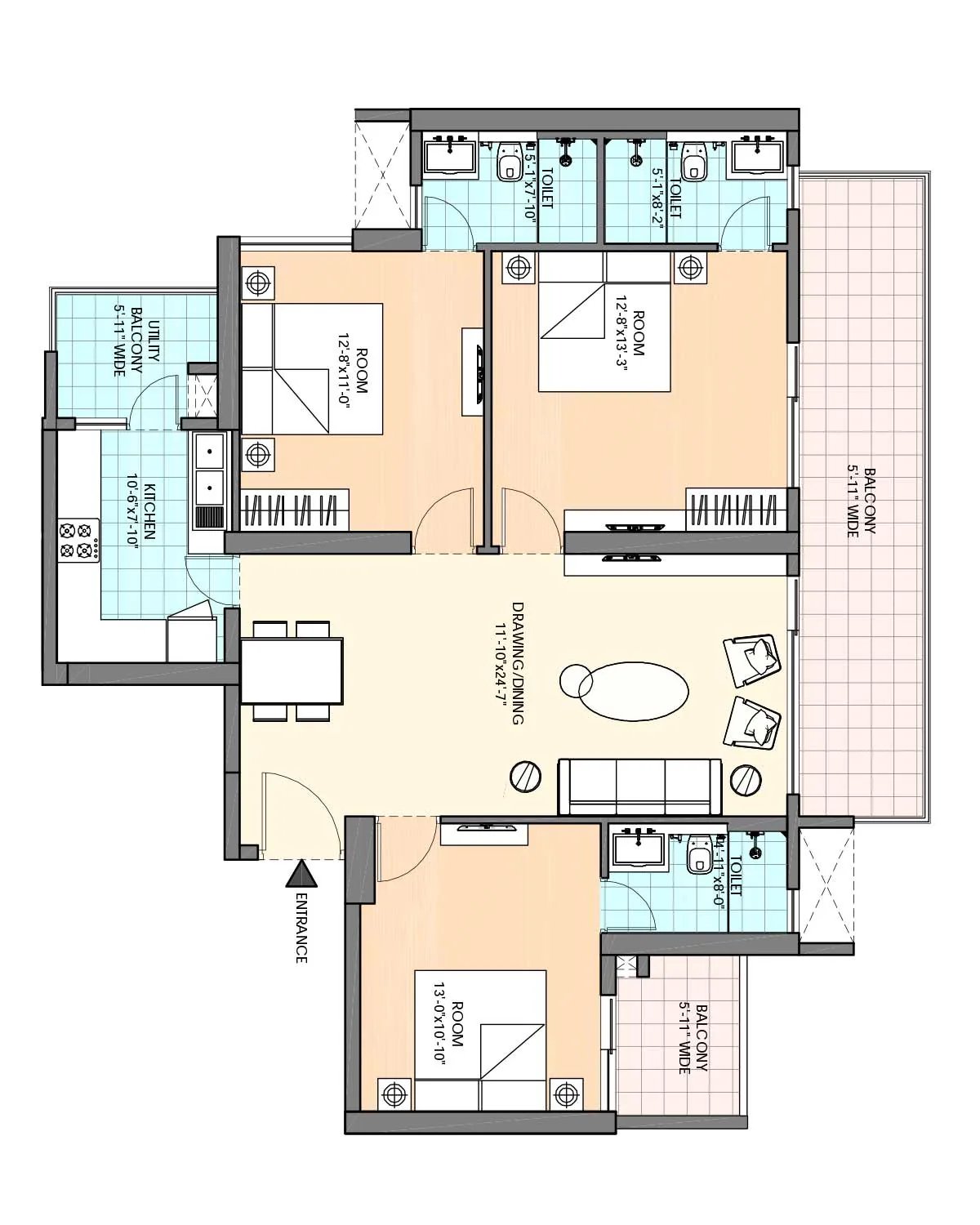 M3M Heights 3 BHK - (Towers 2 - 5) floor plan