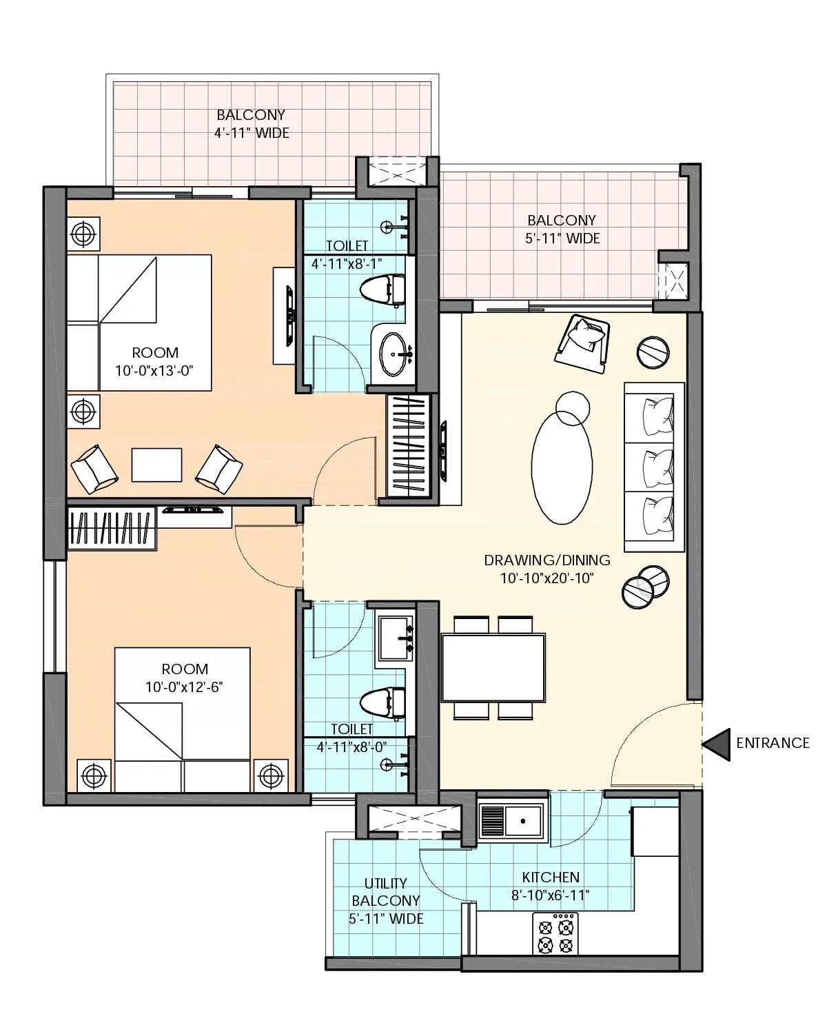 M3M Heights 2 BHK - (Towers 1 & 6) floor plan