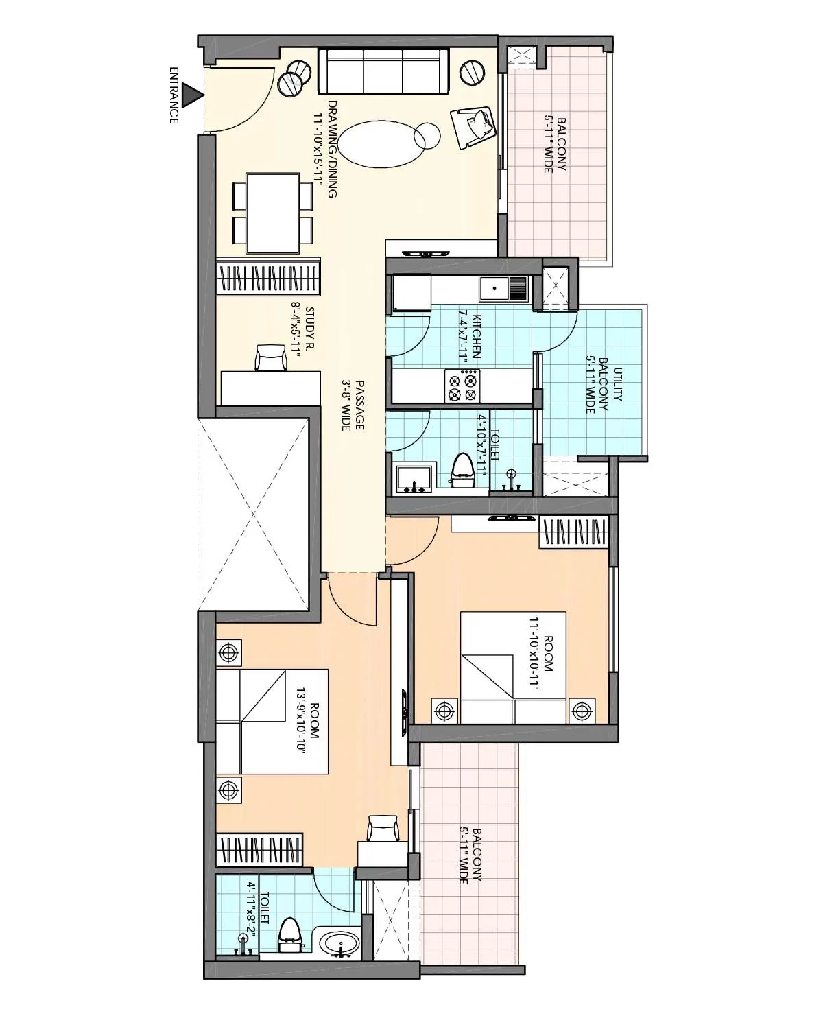 M3M Heights 2 BHK - (Towers 1 & 6) floor plan