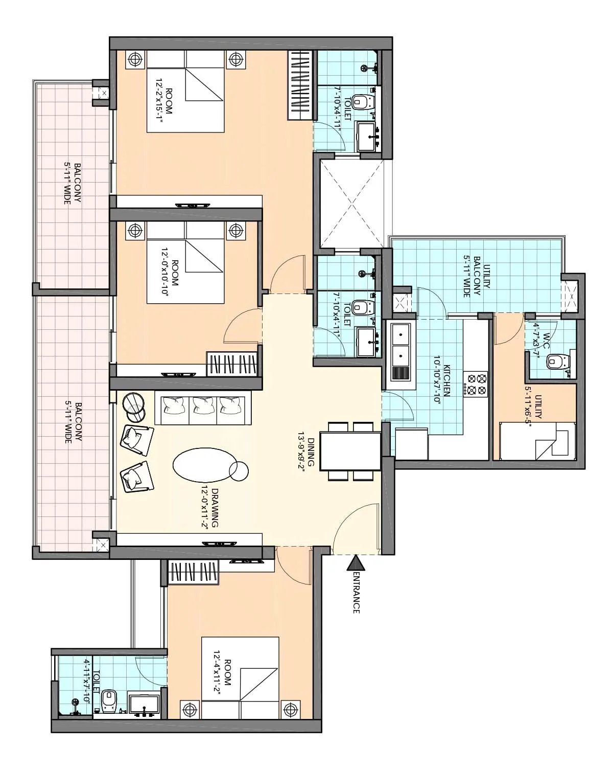 M3M Heights 3 BHK + SQ - 2,040 / (Towers 2 - 5) floor plan