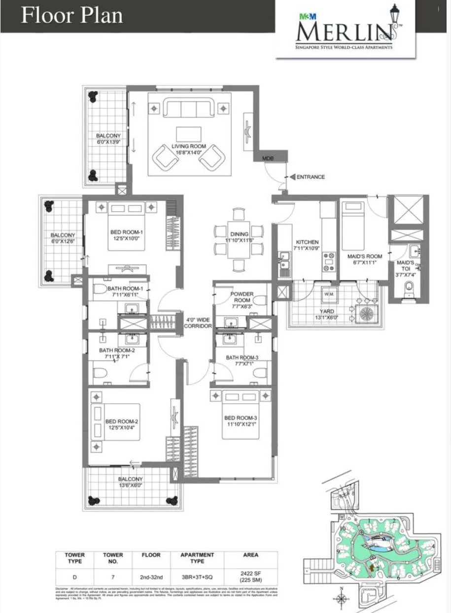 M3M Merlin 3 BHK + 3T + SQ floor plan