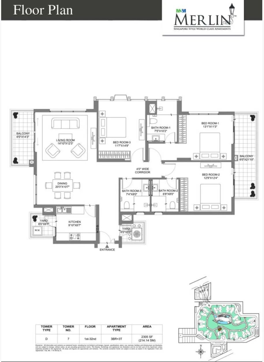 M3M Merlin 3 BHK + 3T - (Tower 7) floor plan
