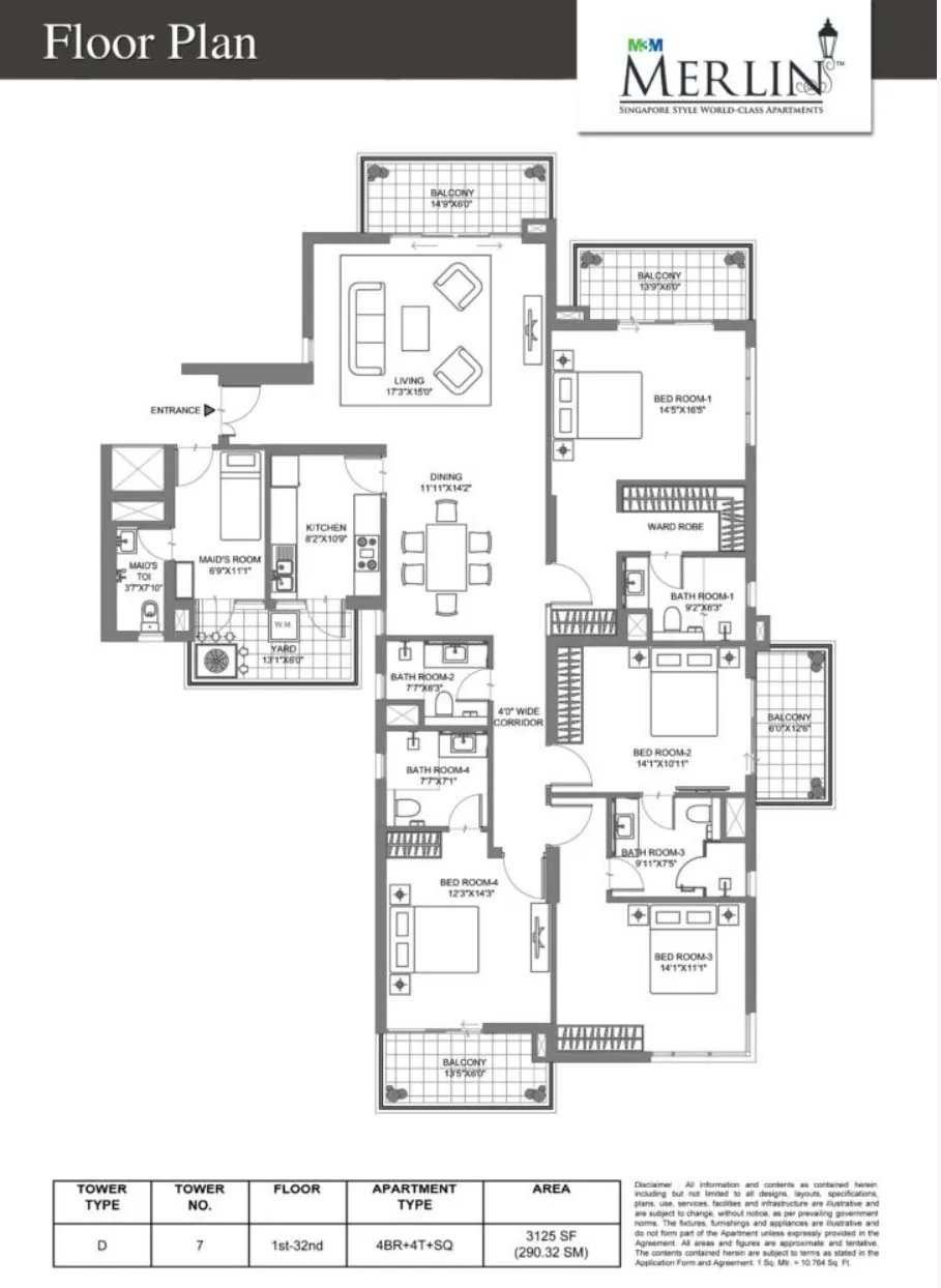 M3M Merlin 4 BHK + 4T + SQ - (Tower 7) floor plan