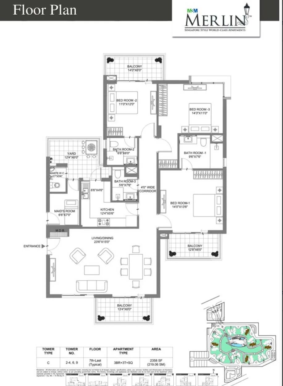 M3M Merlin 3 BHK + 3T + SQ floor plan